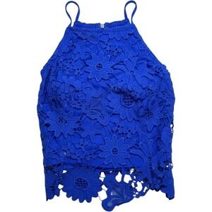 Forever 21 Blue Floral Lace Crop Top Halter Sleeveless Zipper Front Small Boho